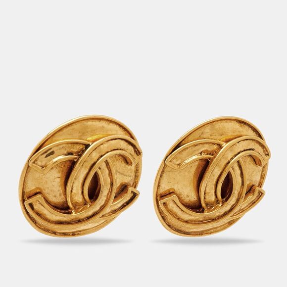 Chanel Cc Gold Tone Round Clip-On Stud Earrings